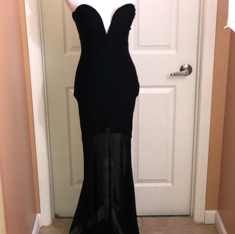Black gown sheer dropwaist skirt plunging neckline